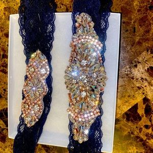 Lace Wedding Garter Belt. Gold & Diamond Studded Finish. Large.